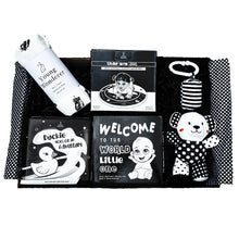 Load image into Gallery viewer, black and white baby gift, black and white baby gift box, black and white baby gift set, high contrast baby gift set, high contrast baby gift, baby shower gift box, baby shower gift, baby shower gift set, baby gifts, baby gift box, newborn gift box, newborn gift set, newborn gift, high contrast gift, baby shower gift idea, new baby gift, black and white baby toys, high contrast baby toys, gender neutral baby gift, unisex baby gift box, unisex baby gift, unisex baby shower gift,