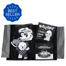 Load image into Gallery viewer, Little Wonder Black and White Unisex Baby Gift Set Best Seller newborn sensory gift box featuring high contrast baby books, plush toy, and water play mat – designed to support early vision and sensory development
