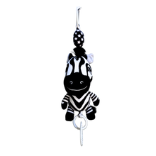 Load image into Gallery viewer, Ziggy the Zebra Hanging Baby toy Black-and-white zebra plush hanging baby toy with a teething ring, shown on a white background. Pram toy, hanging toy for baby gym, baby car toy