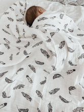 Load image into Gallery viewer, black and white muslin, black and white baby muslin wrap, baby muslin wrap, baby muslin australia, baby wrap australia, feather muslin, zebra muslin, panda muslin, snowflake muslin, winter muslin wrap, winter baby wrap, high contrast wrap, high contrast baby, high contrast muslin, Young wonderer, young wonderer baby boutique, sleeping baby, sleep baby wrap