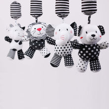 Load image into Gallery viewer, sensory toy, baby sensory, baby toy, Black and white hanging bear toy. high contrast baby toy, young wonderer, young wonderer baby boutique, black and white baby toy, high contrast baby toy, high contrast toy, black and white toy, hanging baby toy, black and white hanging toy, baby gym toy, baby gym hanging toy, high contrast, black and white, pram toy, pram hanging toy