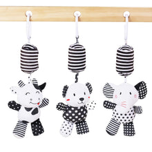 Load image into Gallery viewer, sensory toy, baby sensory, baby toy, Black and white hanging bear toy. high contrast baby toy, young wonderer, young wonderer baby boutique, black and white baby toy, high contrast baby toy, high contrast toy, black and white toy, hanging baby toy, black and white hanging toy, baby gym toy, baby gym hanging toy, high contrast, black and white, bear toy, black and white cow baby toy, elephant newborn toy,  hanging baby toy, black and white hanging toy, baby gym toy, baby gym hanging