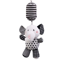 Load image into Gallery viewer, sensory toy, baby sensory, baby toy, Black and white hanging bear toy. high contrast baby toy, young wonderer, young wonderer baby boutique, black and white baby toy, high contrast baby toy, high contrast toy, black and white toy, hanging baby toy, black and white hanging toy, baby gym toy, baby gym hanging toy, high contrast, black and white, pram toy, pram hanging toy