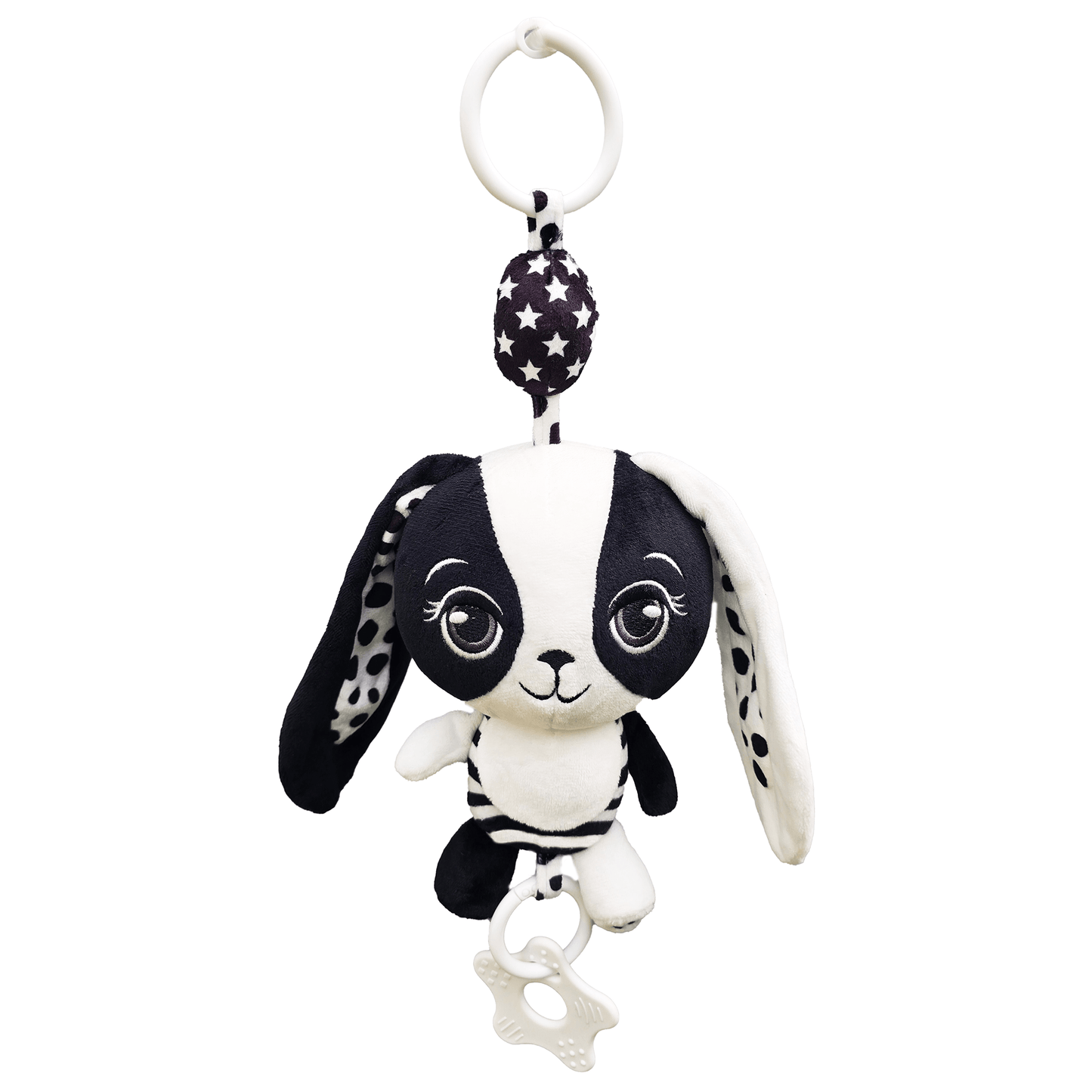 Black and white bunny hanging plush toy with a keychain on a white background good for a pram toy, baby gym toy or car toy