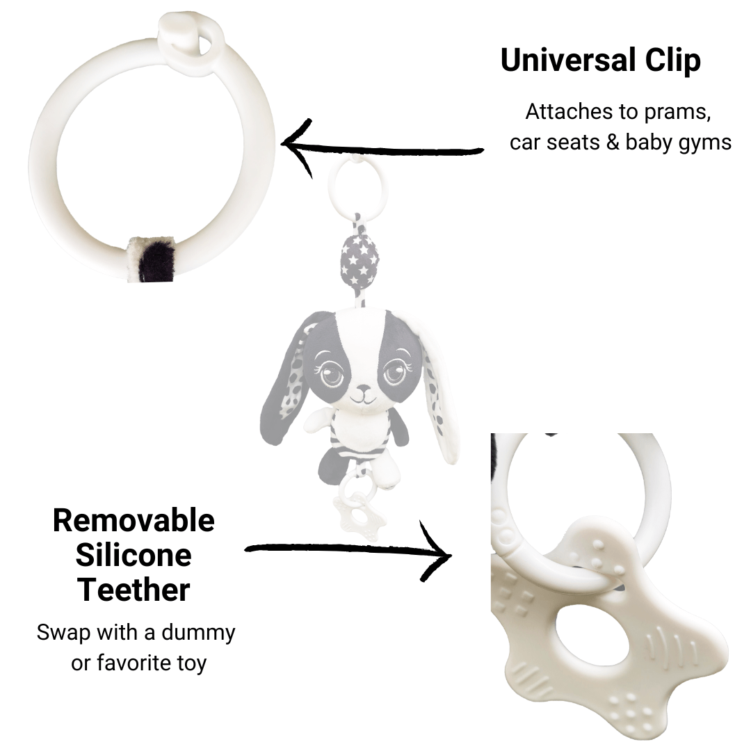 Teething ring with a universal clip and removable silicone teether on a white background