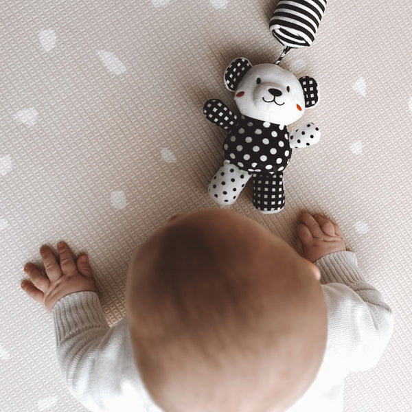 sensory toy, baby sensory, baby toy, Black and white hanging bear toy. high contrast baby toy, young wonderer, young wonderer baby boutique, black and white baby toy, high contrast baby toy, high contrast toy, black and white toy, hanging baby toy, black and white hanging toy, baby gym toy, baby gym hanging toy, high contrast, black and white