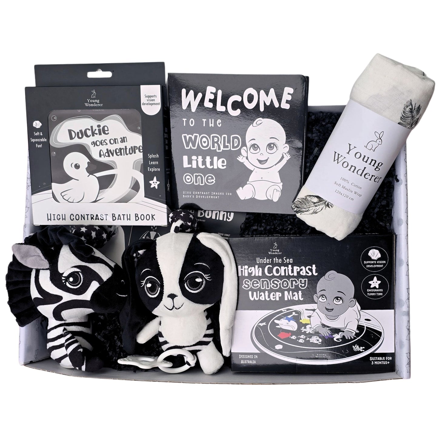 High Contrast Black and White Baby Unisex Gift Set Baby Shower Gift Idea Newborn Gift Box Sensory Books and Toys