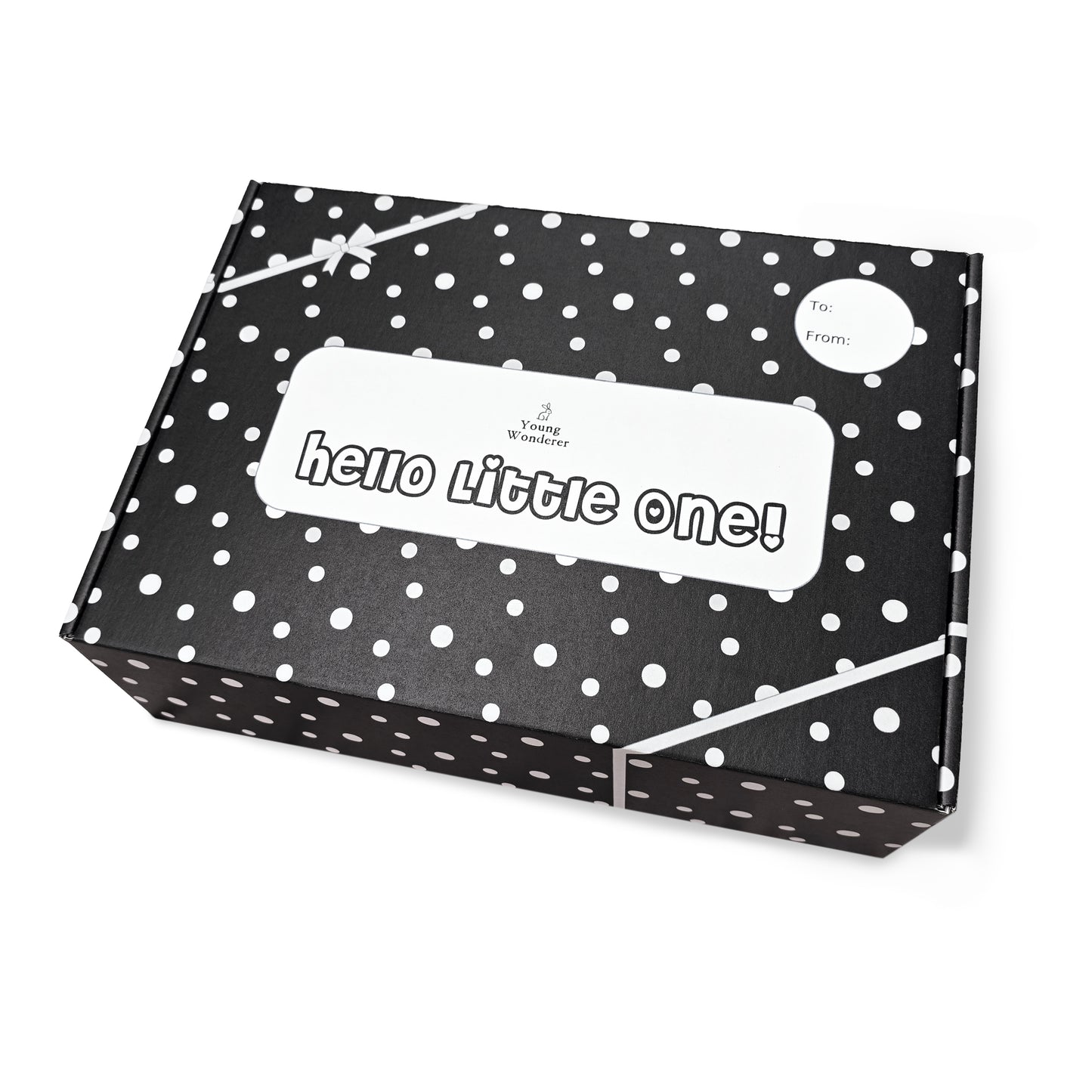 Young Wonderer High Contrast Baby Gift Box Black polka dot box with 'hello little one!' text on a white background