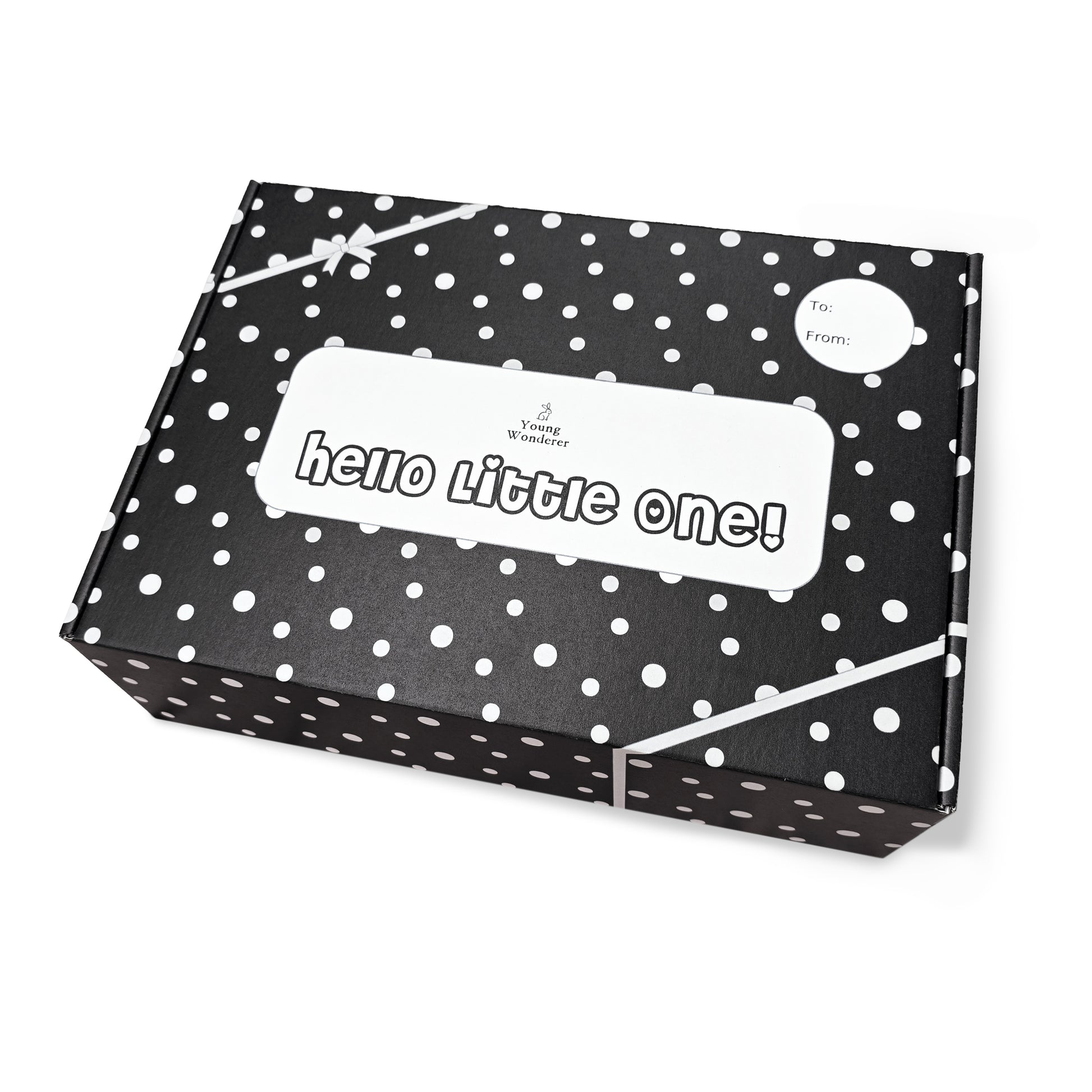 Young Wonderer High Contrast Baby Gift Box Black polka dot box with 'hello little one!' text on a white background