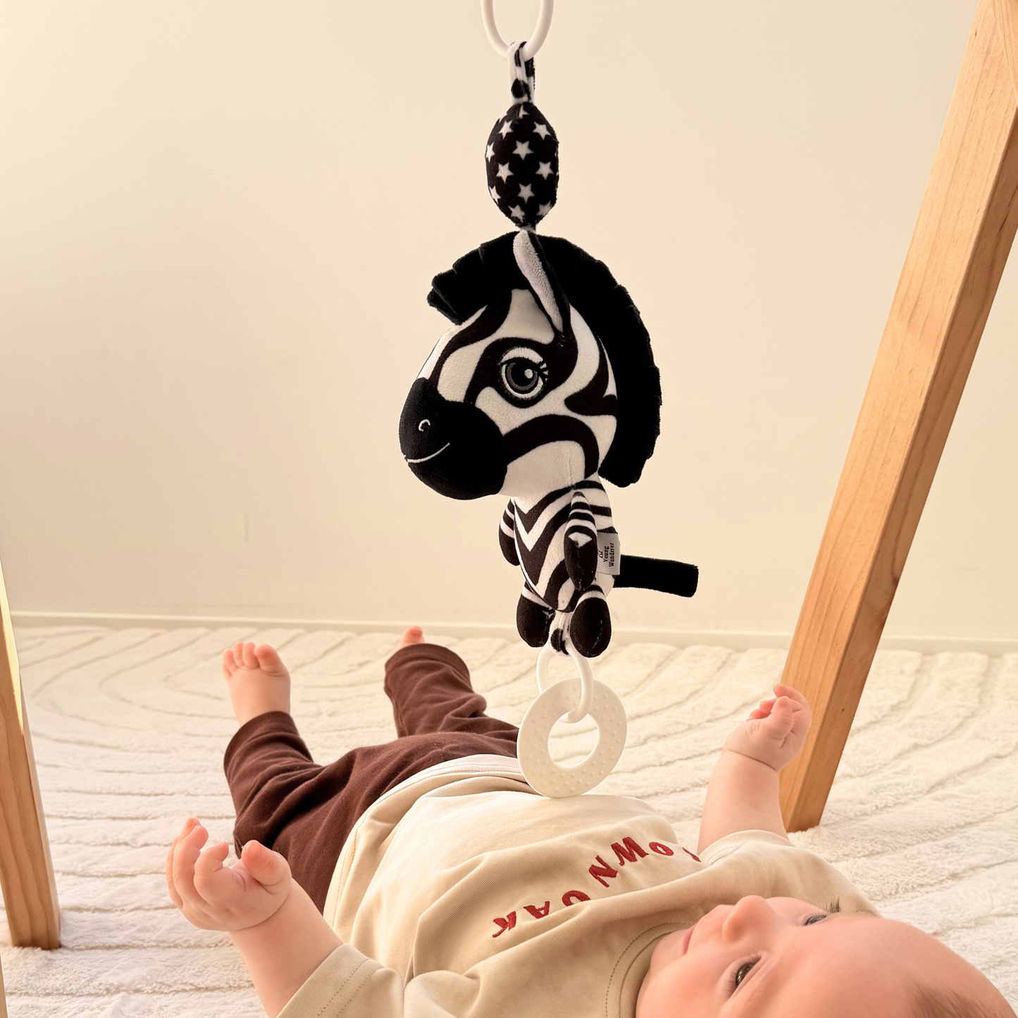 Ziggy the Zebra Hanging Baby Gym Toy High contrast black and white baby sensory toy hanging from wooden play gym during newborn floor play