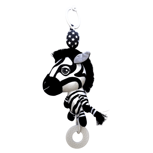Ziggy the Zebra Hanging Baby toy Black-and-white zebra plush hanging baby toy with a teething ring, shown on a white background. Pram toy, hanging toy for baby gym, baby car toy