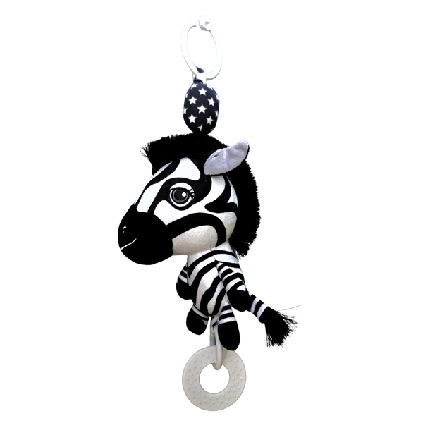 Ziggy the Zebra Hanging Baby toy Black-and-white zebra plush hanging baby toy with a teething ring, shown on a white background. Pram toy, hanging toy for baby gym, baby car toy