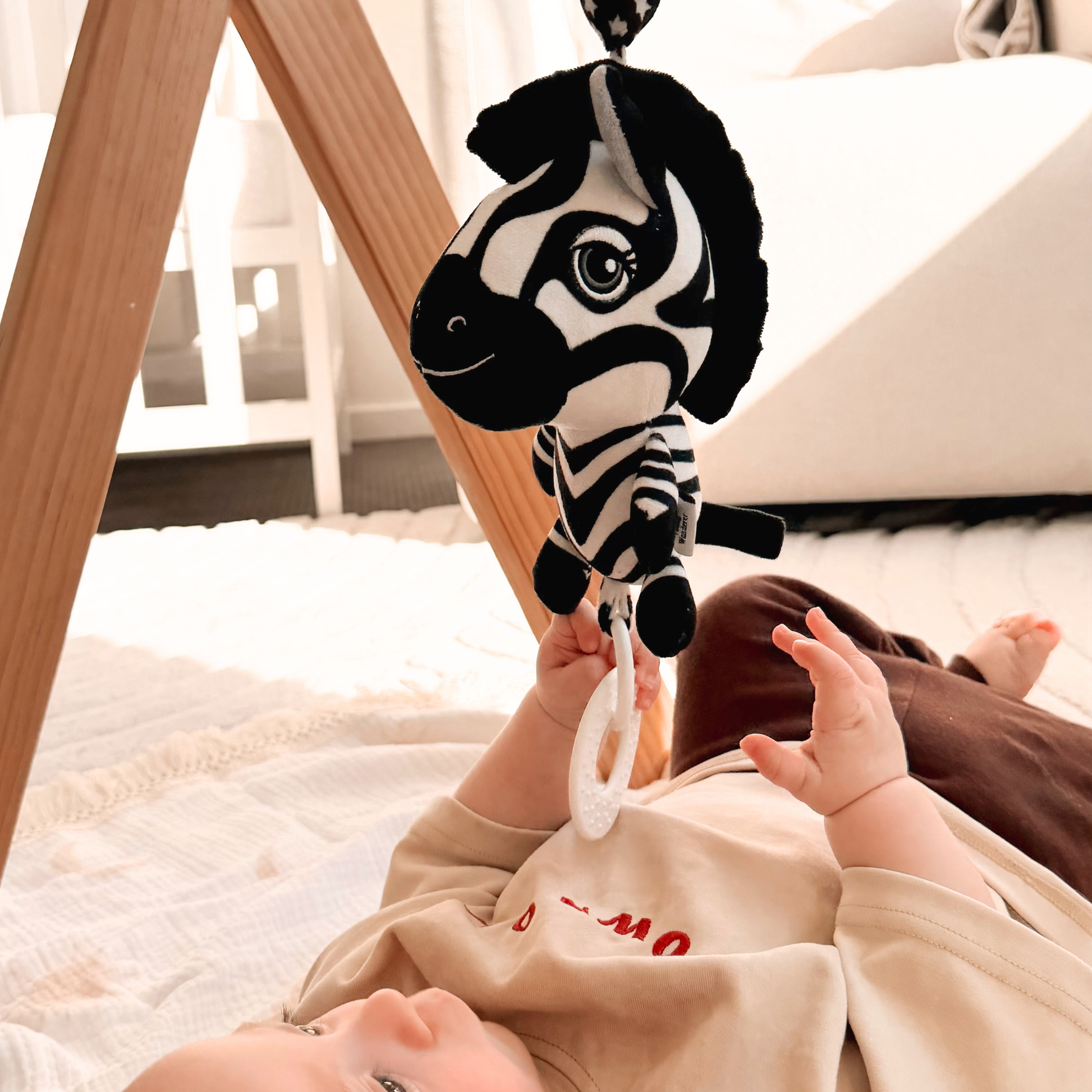 Ziggy the Zebra toy High contrast black and white baby sensory toy hanging from wooden play gym during newborn floor play