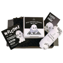 Load image into Gallery viewer, Black and White Baby Gift Box, Newborn Gift Box, High Contrast Gift box, Black and white baby gift, Young Wonderer, Black and white baby toys, baby boutique, australian baby gift box, baby shower gift box, australian baby boutique, newborn gift, baby gift box, young wonderer baby boutique, black and white baby toy, black and white toy, black and white baby book, high contrast book, high contrast toy
